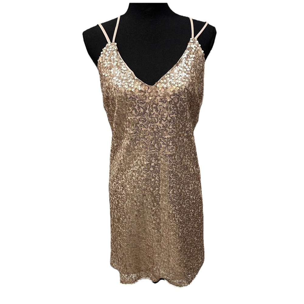 Xhilaration Party Mini Dress Women Large Gold Spaghetti Strap Lined Stretch NWT